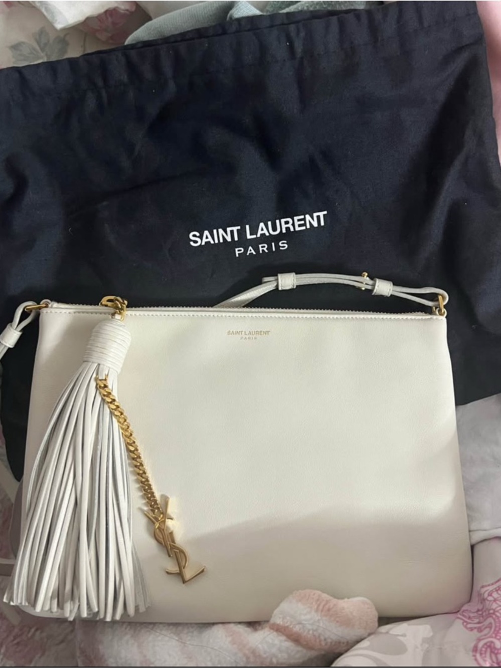 Authentic Saint Laurent Cream Leather Monogram  Bag with Tassel and YSL Charm